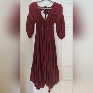Free People Burgundy Gauze Crochet Prairie Dress XS Boho Romantic